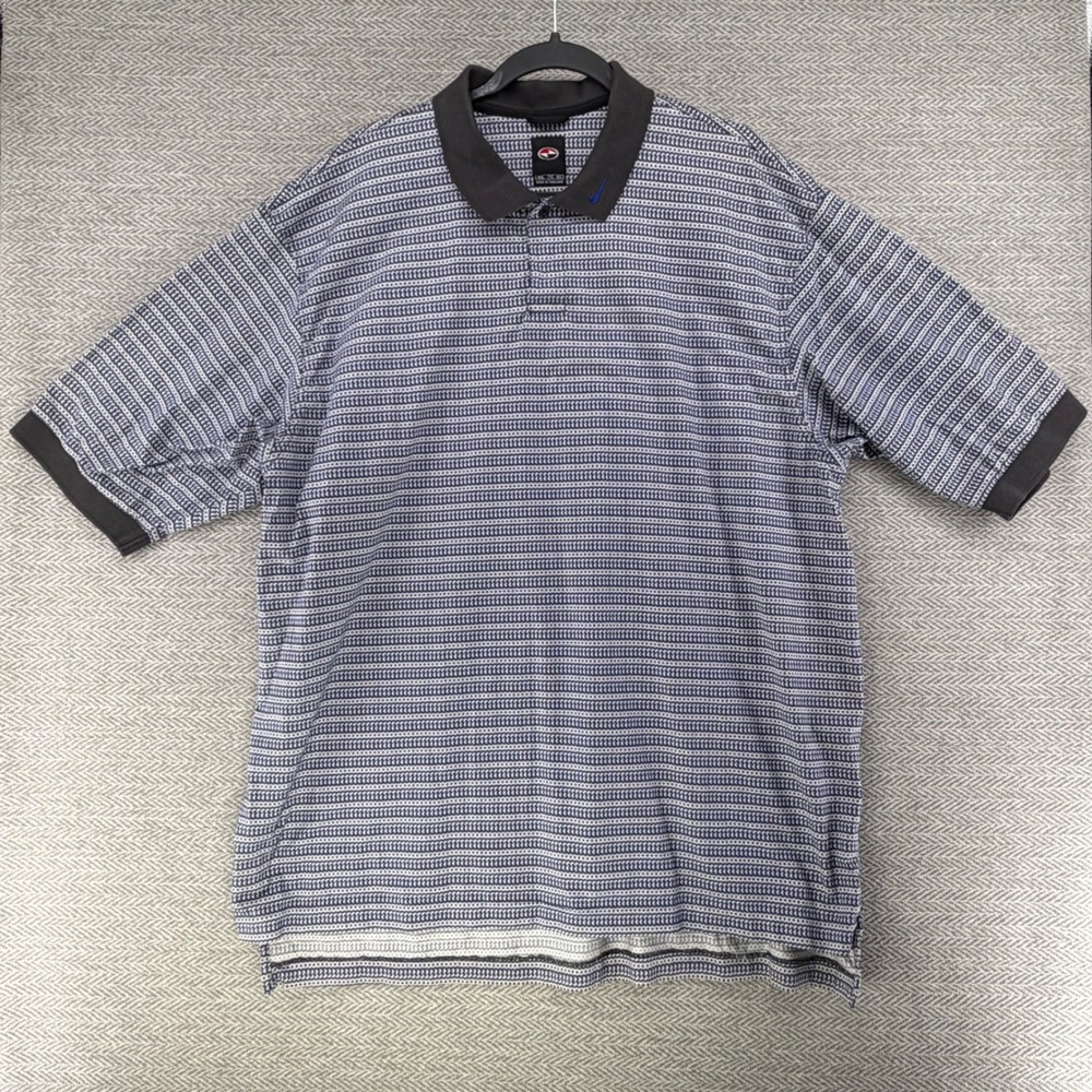Vintage Nike Polo Shirt Mens XXL Blue White Geometric Knit Cotton Swoosh Logo